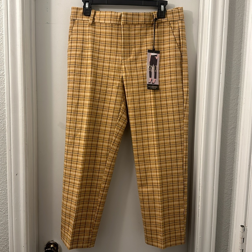 NWT  LIVERPOOL KELSEY CROP TROUSER WITH SIDE SLIT in Golden navy tan Plaid